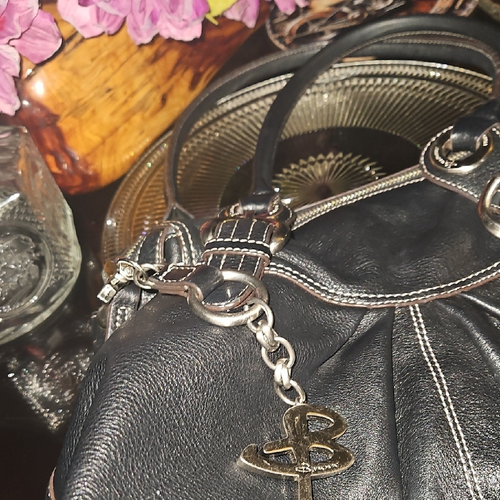 b. makowsky Black Leather Shoulder Bag, Heavy Silver Hardware&White Stitching - Picture 2 of 16